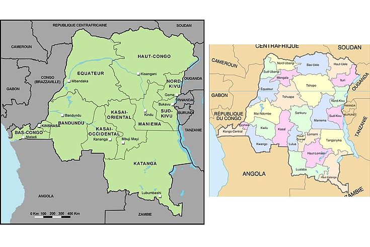 Cartes de la RD Congo avant et après découpage des provinces en 2015